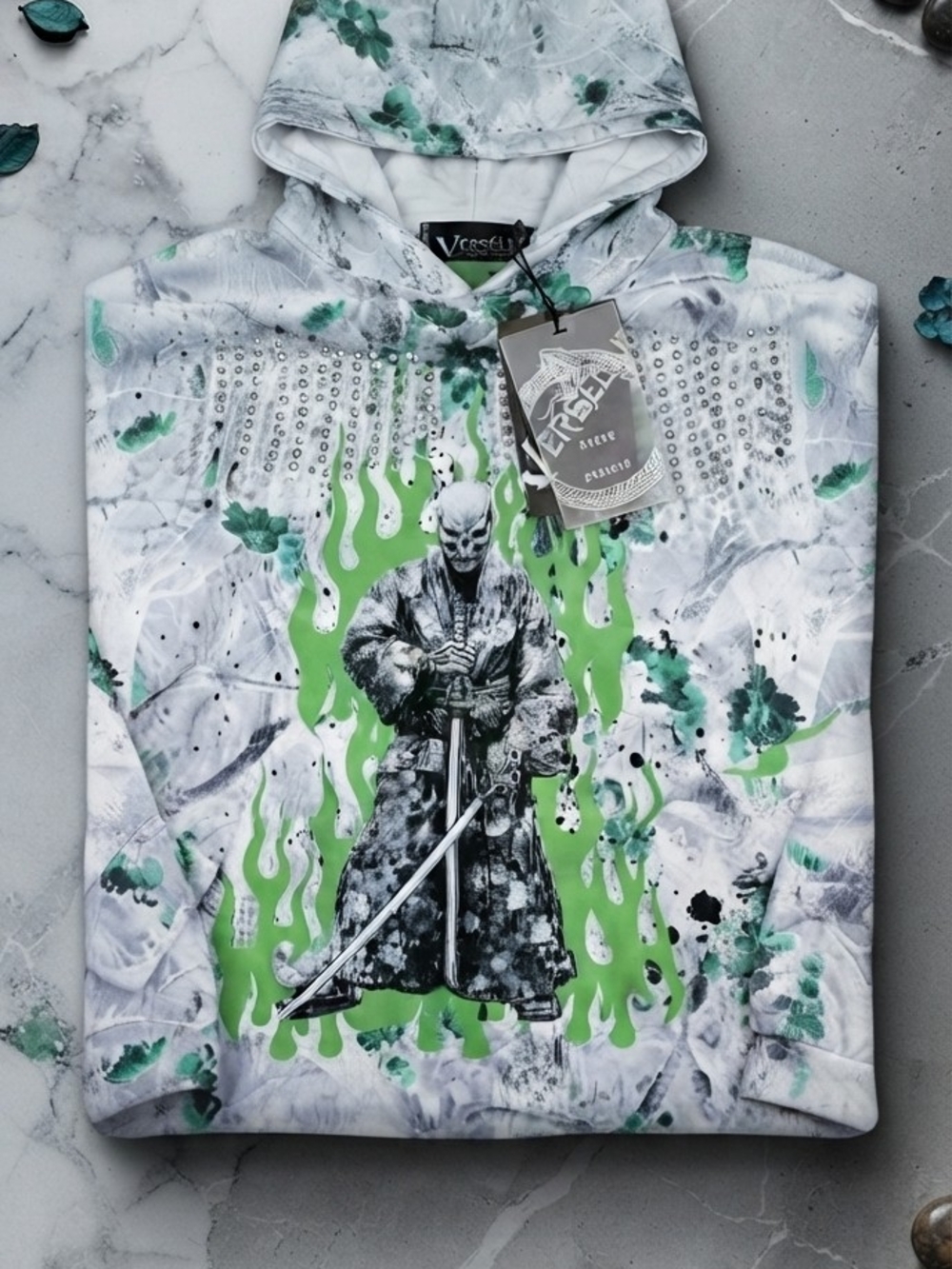 White & Green Samurai Graphic Hoodie